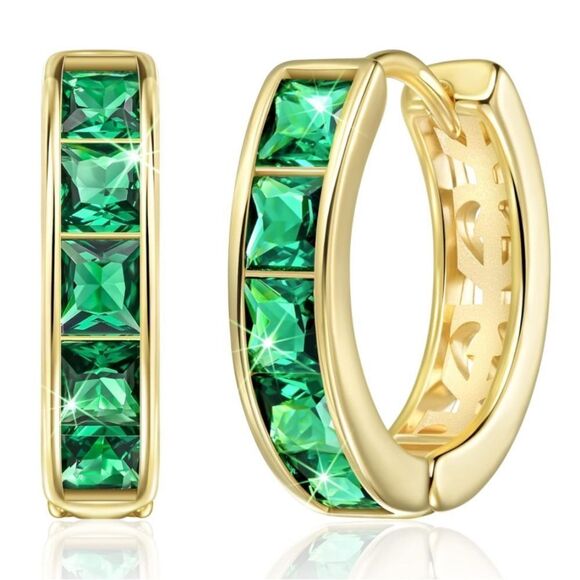 14K Yellow Gold with Emerald Green Cubic Zirconia Princess Cut Huggie Earrings - Picture 1 of 5